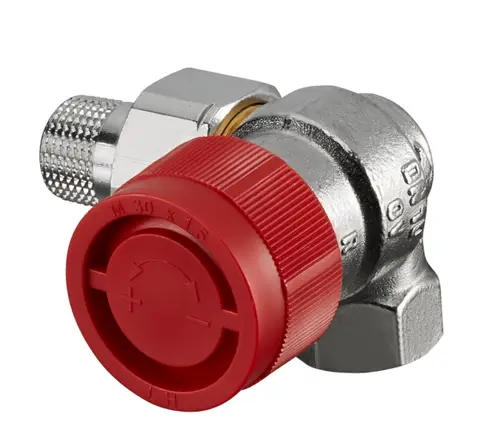 Thermostatventil mit rotem Drehknopf und metallischem Gehäuse, hergestellt von Oventrop, zur Regelung von Warmwasser- oder Heizungsleitungen.